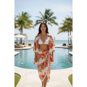Women's Red Floral Print Beach Scarf Wrap or‎ sarong oversized resort vacation